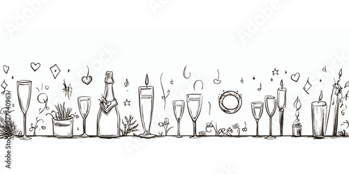 Hand-drawn celebration scene with champagne, glasses, candles, and decorations