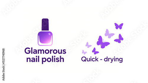 Purple nail polish and butterfly represent charm and quick drying, suitable for nail salons and personal nail art creation scenes.