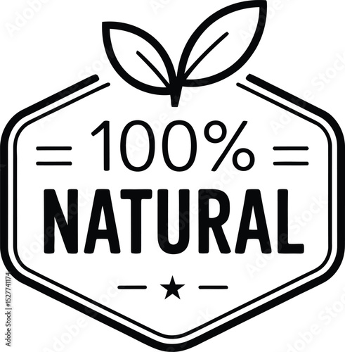 Black and White 100% Natural Badge with Leaves Icon Isolated on White Background