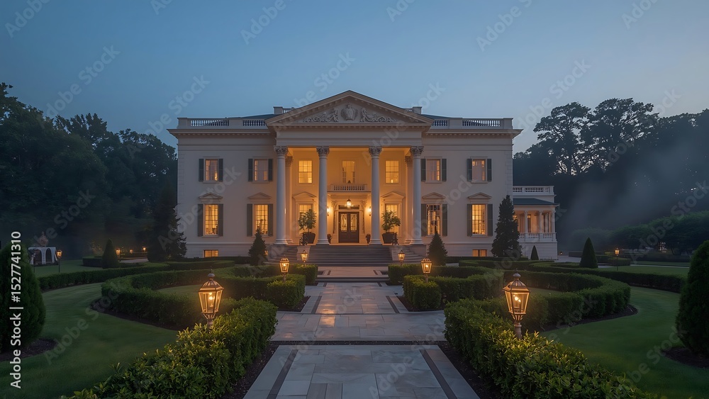 Fototapeta premium Twilight elegance: A grand mansion with glowing windows, tall columns, and a path lined with lanterns