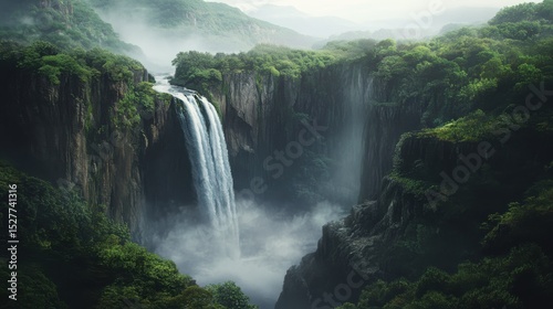 A powerful waterfall plunging into a rugged canyon, mist rising, dramatic cliffs with lush greenery framing the awe-inspiring landscape