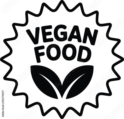 Black and White Vegan Food Label with Leaves on a White Background