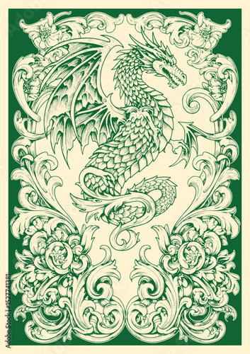 fire dragon with victorian flourish decoration in black and white illustrations, cutout graphic