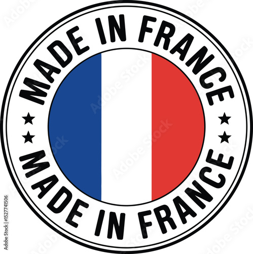 Round Made in France Seal With Tricolore French Flag Colors, Black Text, Border, and Stars