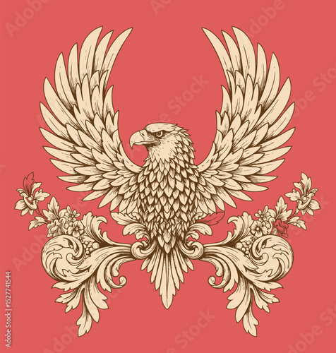 Hawk bird with victorian flourish decoration, eagle stencil logo, black and white animal illustration