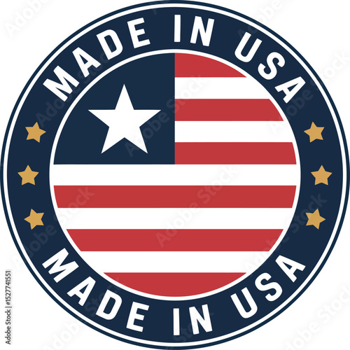 Made in USA Circular Emblem with American Flag Design and Gold Stars Border