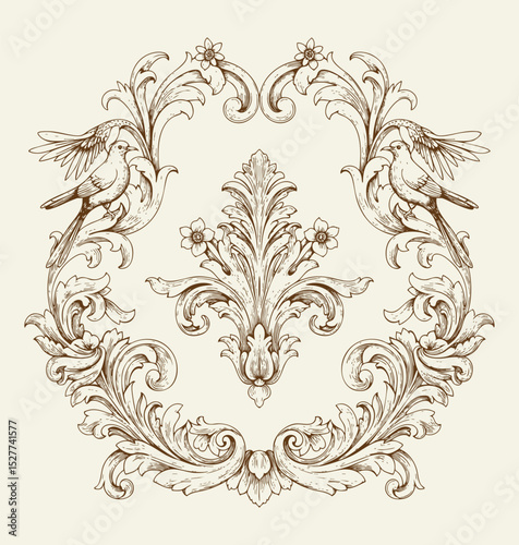Vintage Baroque Victorian frame border flower pattern vector floral engraved scroll ornament leaf retro decorative design. filigree calligraphic heraldic shield swirl