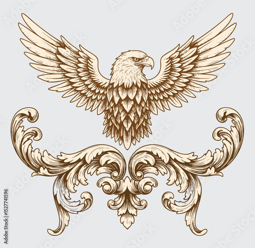 Hawk bird with victorian flourish decoration, eagle stencil logo, black and white animal illustration