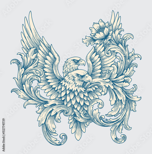 Hawk bird with victorian flourish decoration, eagle stencil logo, black and white animal illustration