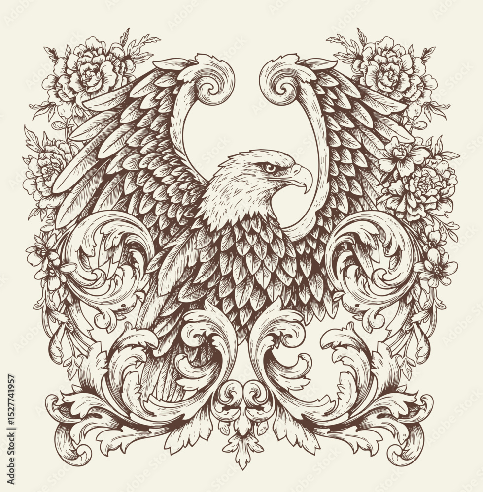 Fototapeta premium Hawk bird with victorian flourish decoration, eagle stencil logo, black and white animal illustration