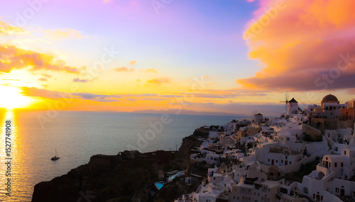 The famous of landscape view point as Sunset sky scene at Oia town on Santorini island, Greece