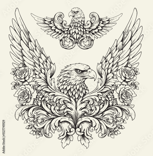 Hawk bird with victorian flourish decoration, eagle stencil logo, black and white animal illustration
