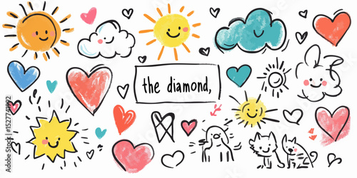 Childlike doodle art featuring suns, clouds, hearts, and animals