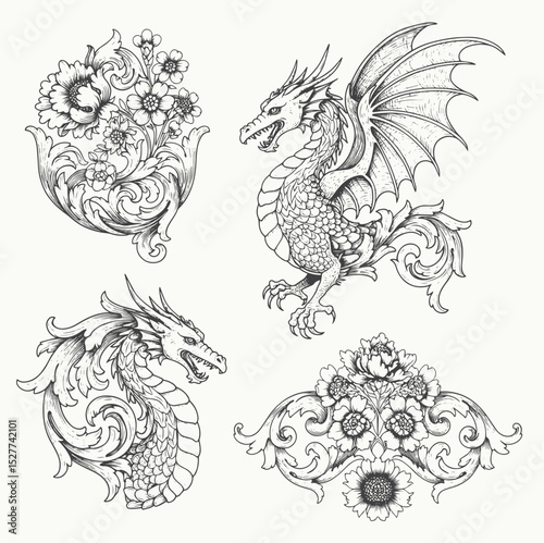 fire dragon with victorian flourish decoration in black and white illustrations, cutout graphic