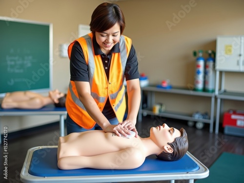 Instructora de RCP que demuestra respiración de rescate con una máscara de bolsillo en un maniquí en un aula de habilidades de emergencia