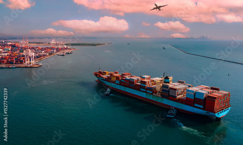 Aerial view of Business trip with ship the partner connection Container Cargo freight ship for Import Export
