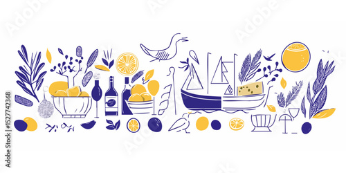 A colorful array of fruits, vegetables, and a boat, stylized in a graphic design