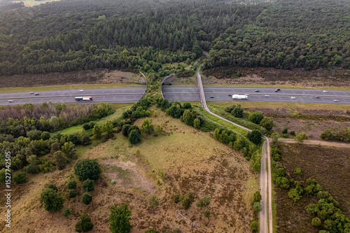 Aerial of wildlife crossing ecoduct forming a safe natural corridor bridge for animals to migrate between conservancy areas. Environment nature infrastructure engineering eco passage from above
