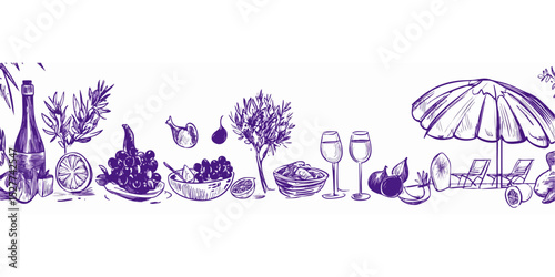Hand-drawn illustration of a Mediterranean feast, featuring wine, fruits, olives, and a beach scene
