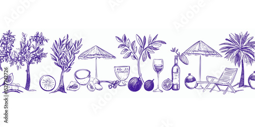 Hand-drawn graphic illustration of fruits, trees, and beach scene, in shades of purple