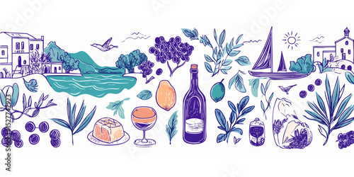 Coastal Mediterranean Scene with Food & Drink