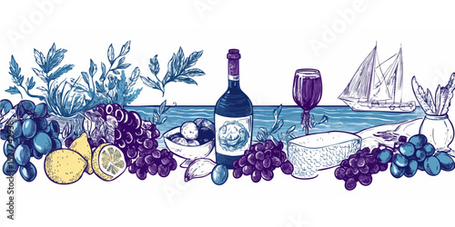 Still Life with Grapes, Wine, Cheese, and a Ship