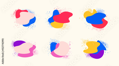 Vector illustration. Set of liquid abstract geometric shapes with halftone dots and paint splashes. Fluid vibrant color elements for design poster, cover, invitation, gift card, flyer, advertising