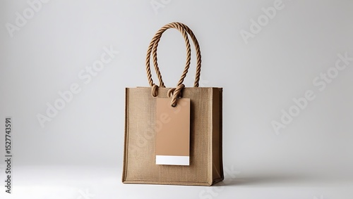 Beige jute shopping bag with rope handles and blank tag