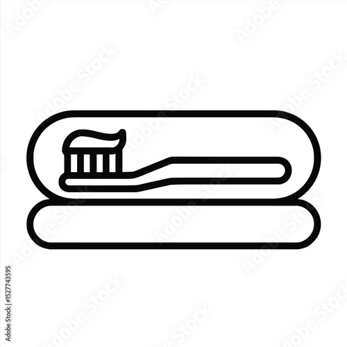 Toothbrush with toothpaste and case: A clean and modern line drawing, shows a toothbrush with a fresh swirl of toothpaste, nestled in its protective case, symbolizing oral hygiene.