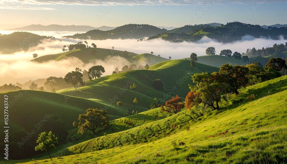 Naklejka premium Olive-green hillside cloaked in morning dew, soft fog drifting through trees, embodying peaceful resilience and grounded emotion