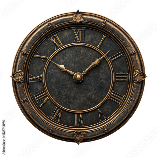 Elegant Ancient Bronze Clock Timepiece Antique Clock with Roman Numerals on transparent background