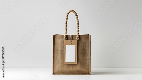 Beige jute tote bag with blank kraft paper tag mockup on white background