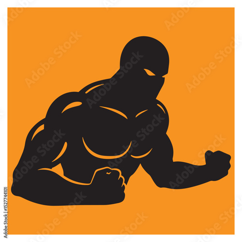 Black silhouette of a muscular man with clenched fists on a vibrant orange background.