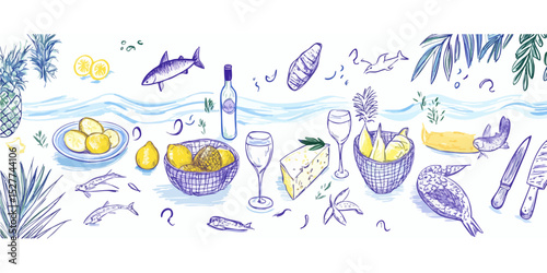 A hand-drawn, colorful still life of fresh seafood, fruit, cheese, and wine, set on a surface resembling water