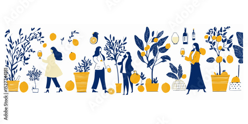 Women enjoying citrus and drinks in a garden setting