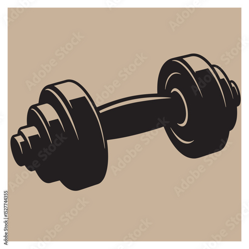 Classic black dumbbell vector illustration on a light brown background perfect for fitness designs