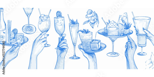 Various drinks and appetizers on trays, held by hands, in a light blue color scheme