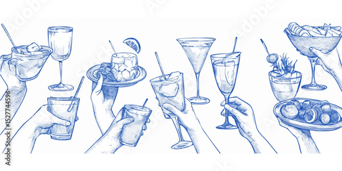 Hand-drawn illustrations of various drinks and appetizers being served