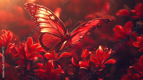 A translucent pink butterfly amidst a vibrant red flower garden at dawn or dusk
