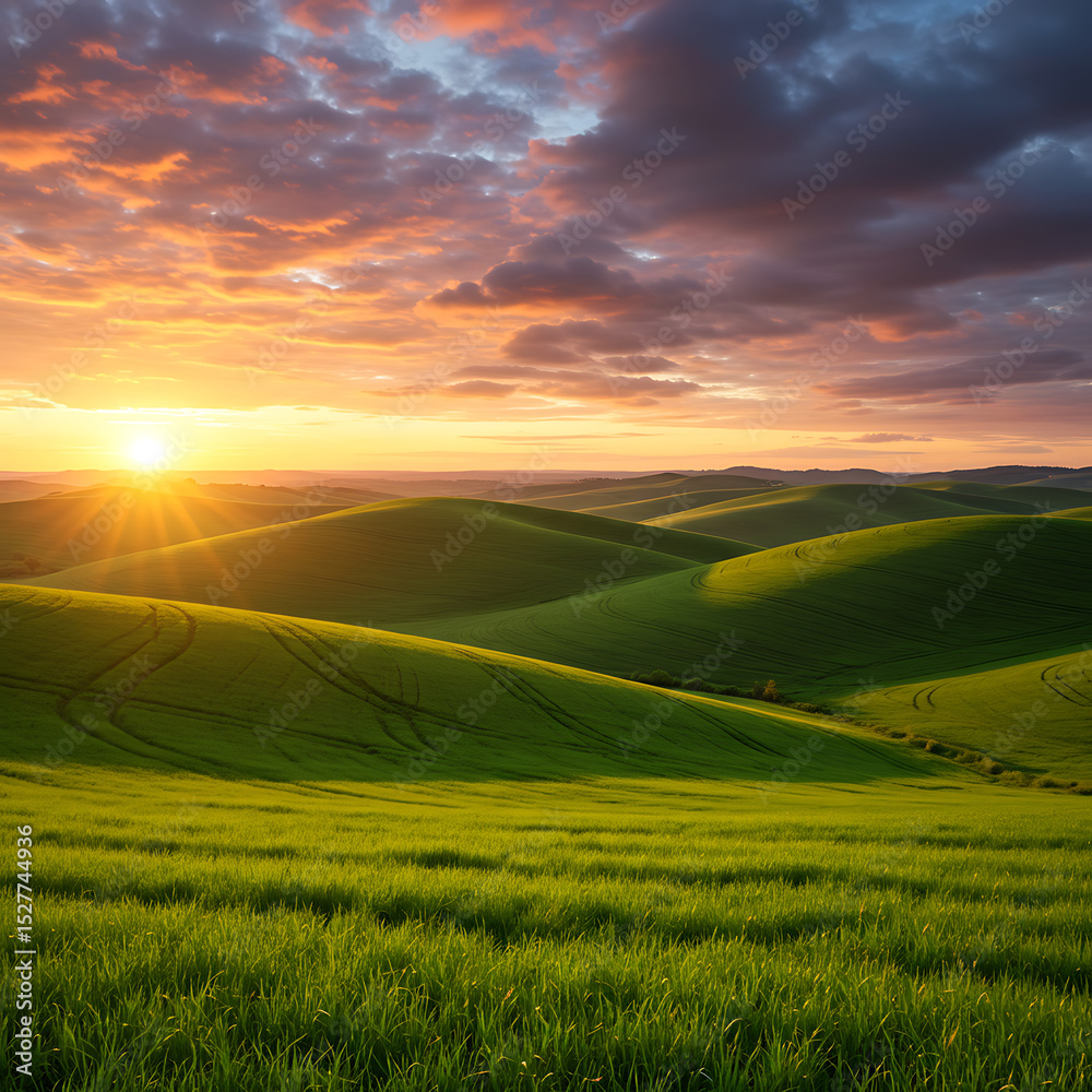 Obraz premium A spectacular sunset over rolling green hills. A breathtaking and idyllic rural landscape with vibrant fields under a colorful, dramatic sky. 
