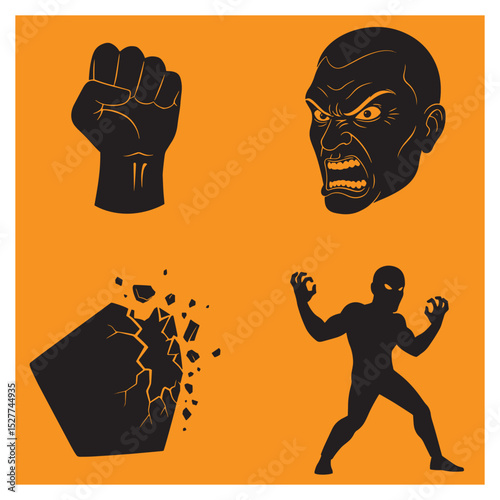 Powerful vector illustration of angry faces fists breaking objects and aggressive male silhouette