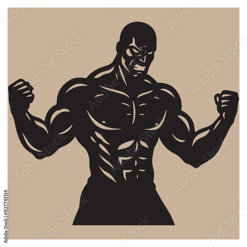 Silhouette of a muscular bodybuilder showing strength and power in a fitness and sport theme
