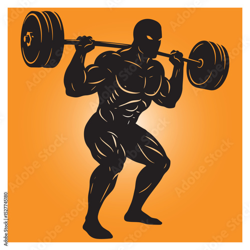 Silhouette of a muscular man performing squats with heavy barbell on orange background