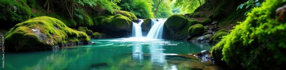 Fototapeta premium Emerald river cascades down mossy rocks into tranquil pool , vibrant, landscape