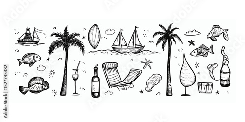 Hand-drawn illustration of beach and sea vacation elements