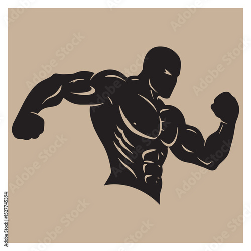 Silhouette of a powerful bodybuilder flexing muscles on a neutral background