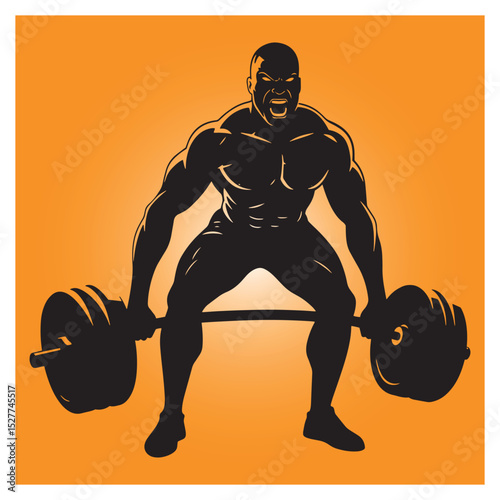 Silhouette of a strong man lifting heavy barbell during weightlifting exercise orange background