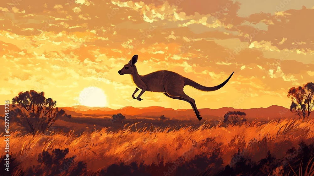 Kangaroo's leap at sunset through golden grasslands, vibrant illustration Kangaroo's leap at sunset through golden grasslands, vibrant illustration