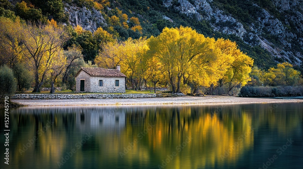 Obraz premium Autumnal lake scene with small stone cottage