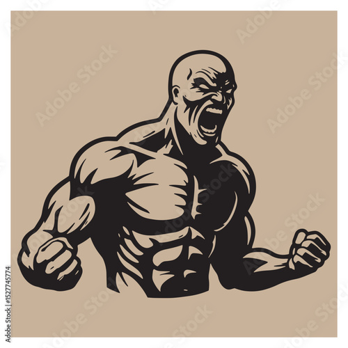 Strong muscular bodybuilder silhouette screaming in intense aggression on a tan background.